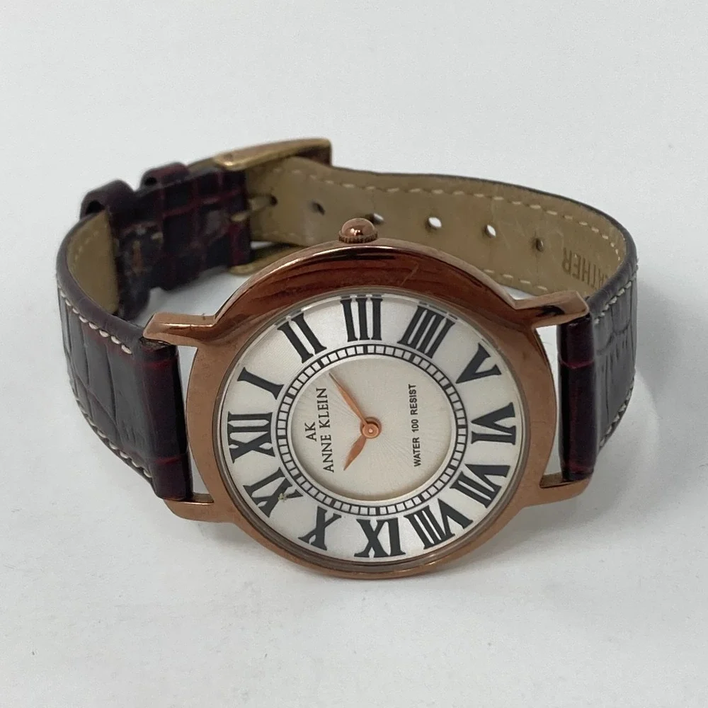 Anne Klein Womens Watch 34mm Rose Gold Tone Asymmetric Leather New Battery 7.75
